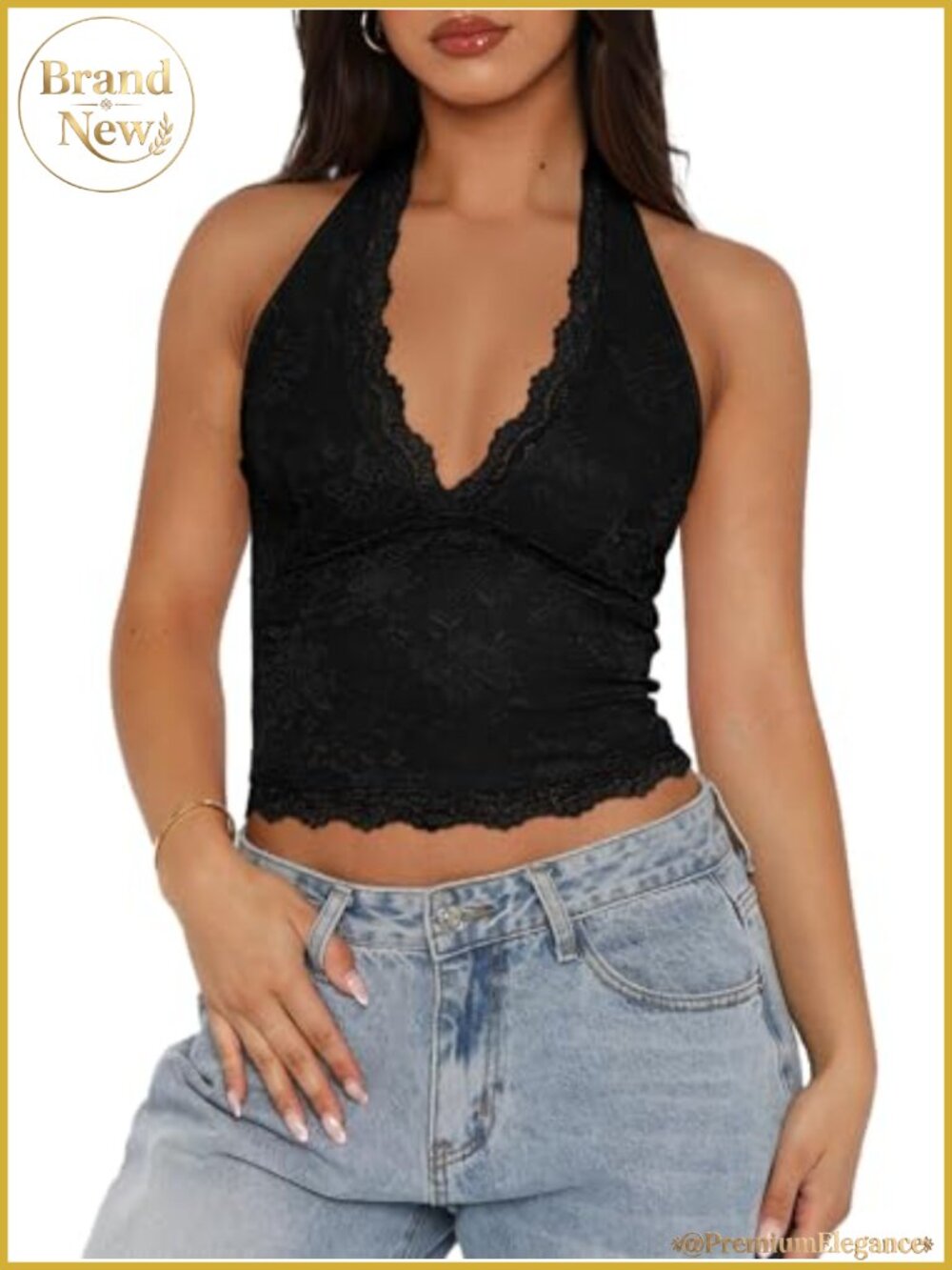 Slim Fit Halterneck Lace Crop Top Sleeveless Backless V-Neck Summer Tank